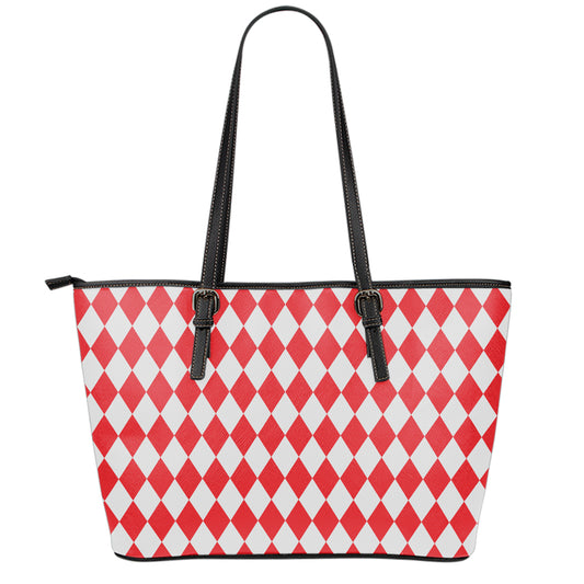 Red And White Harlequin Pattern Print Leather Tote Bag