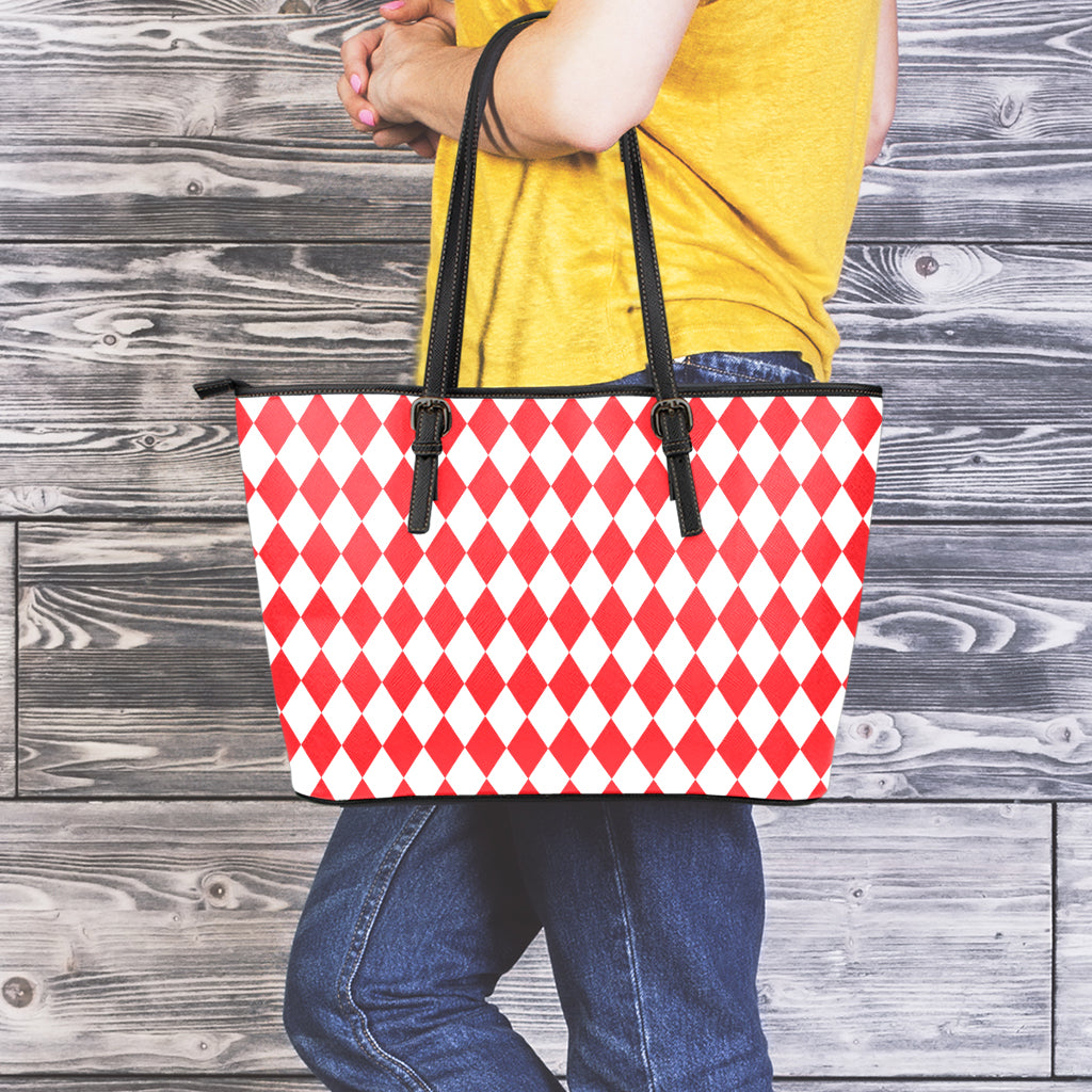 Red And White Harlequin Pattern Print Leather Tote Bag