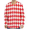 Red And White Harlequin Pattern Print Long Sleeve Baseball Jersey