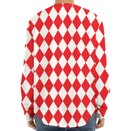 Red And White Harlequin Pattern Print Long Sleeve Baseball Jersey