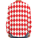 Red And White Harlequin Pattern Print Long Sleeve Baseball Jersey