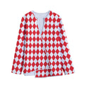 Red And White Harlequin Pattern Print Long Sleeve Short Coat