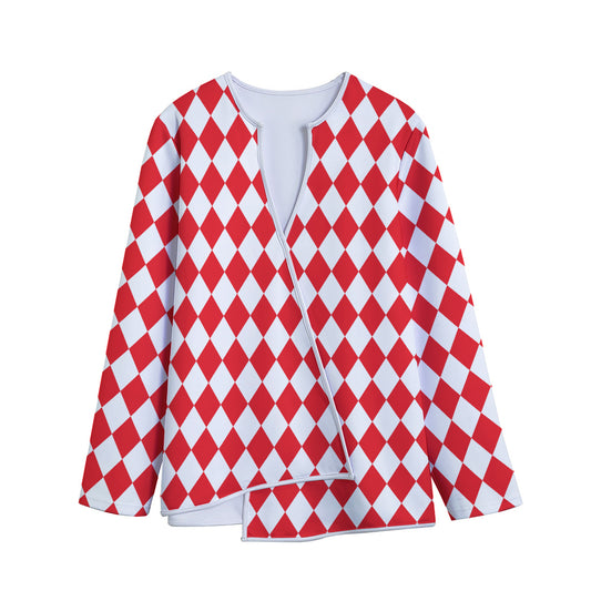 Red And White Harlequin Pattern Print Long Sleeve Short Coat