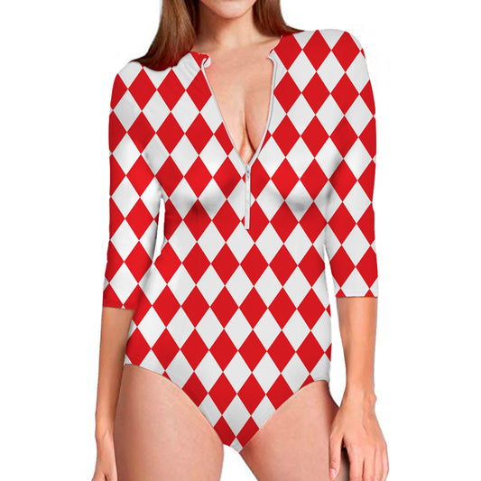 Red And White Harlequin Pattern Print Long Sleeve Swimsuit