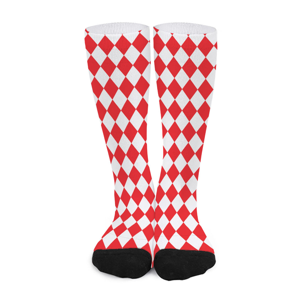 Red And White Harlequin Pattern Print Long Socks