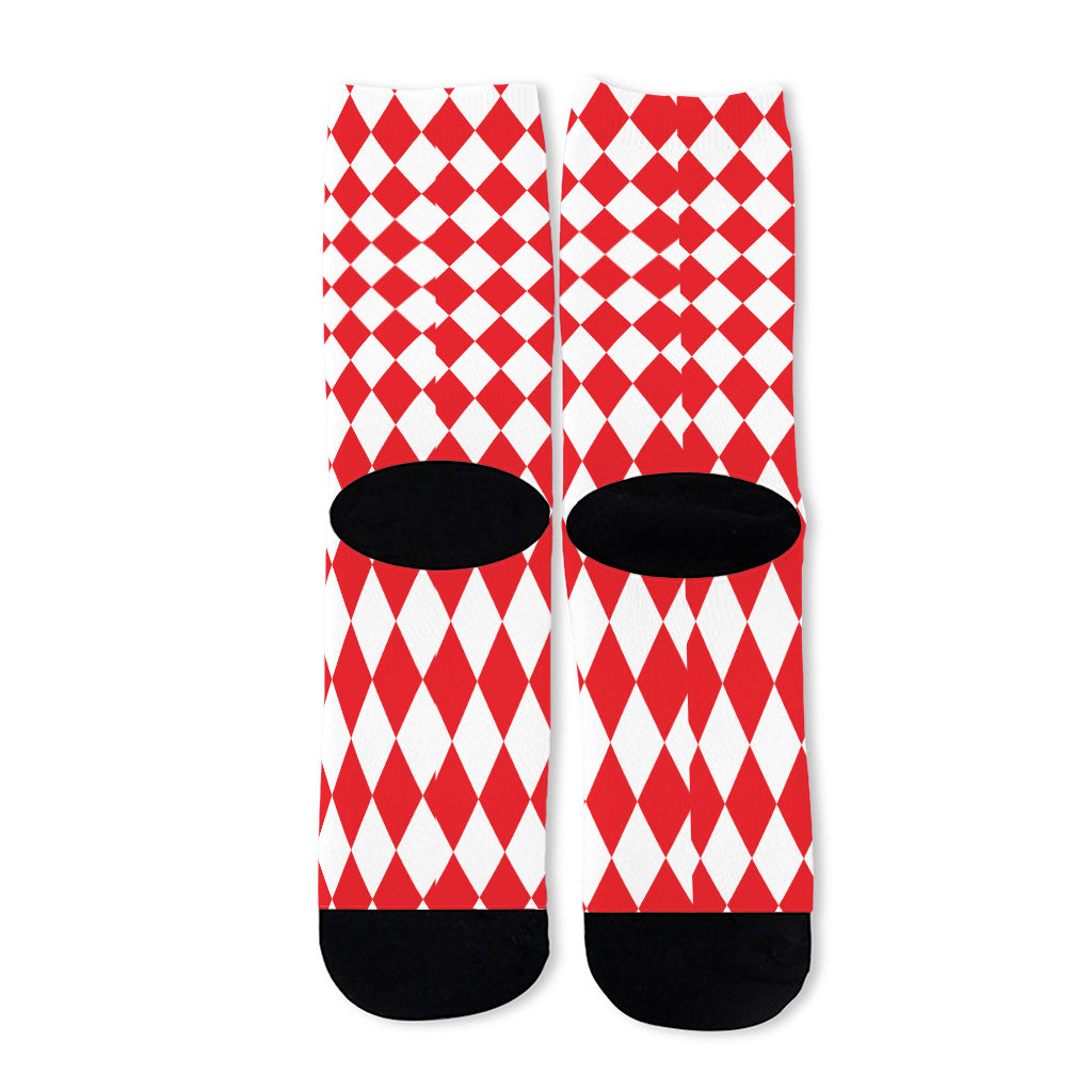 Red And White Harlequin Pattern Print Long Socks