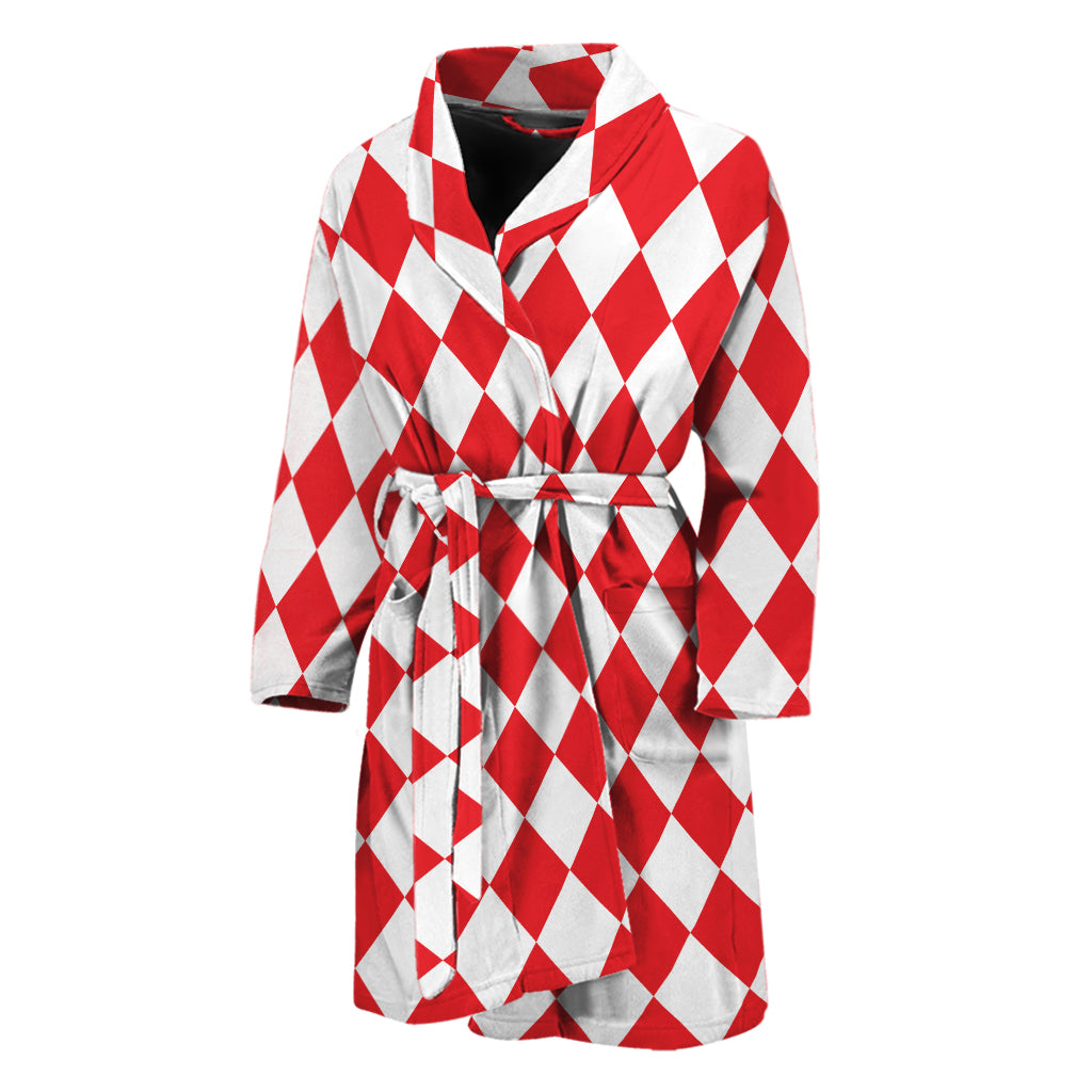 Red And White Harlequin Pattern Print Men's Bathrobe