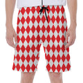 Red And White Harlequin Pattern Print Men's Beach Shorts