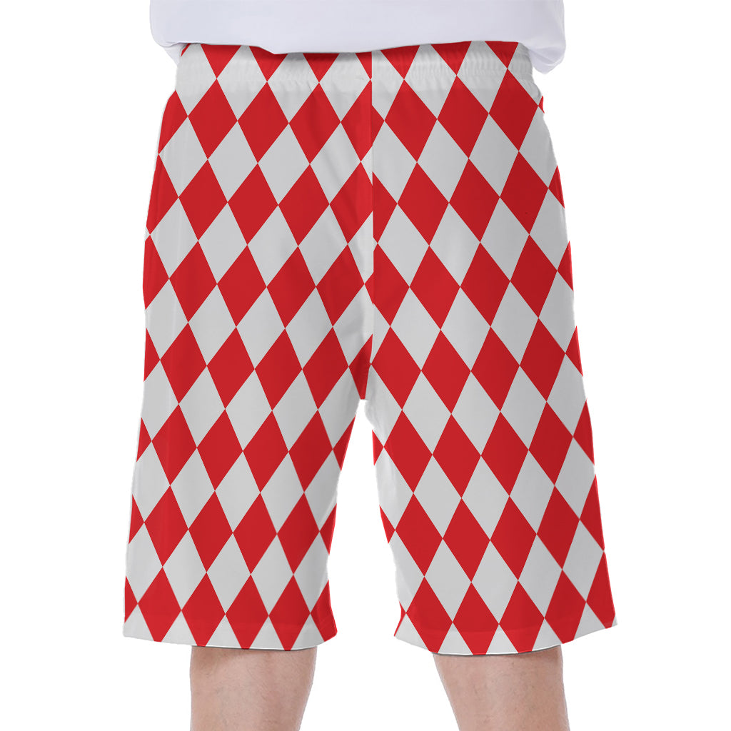Red And White Harlequin Pattern Print Men's Beach Shorts