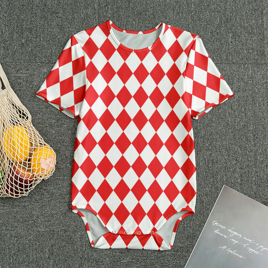 Red And White Harlequin Pattern Print Men's Bodysuit