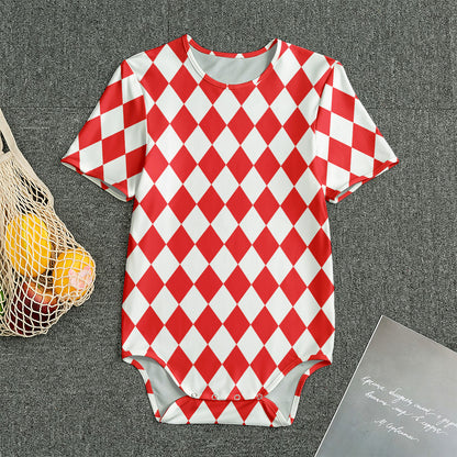 Red And White Harlequin Pattern Print Men's Bodysuit