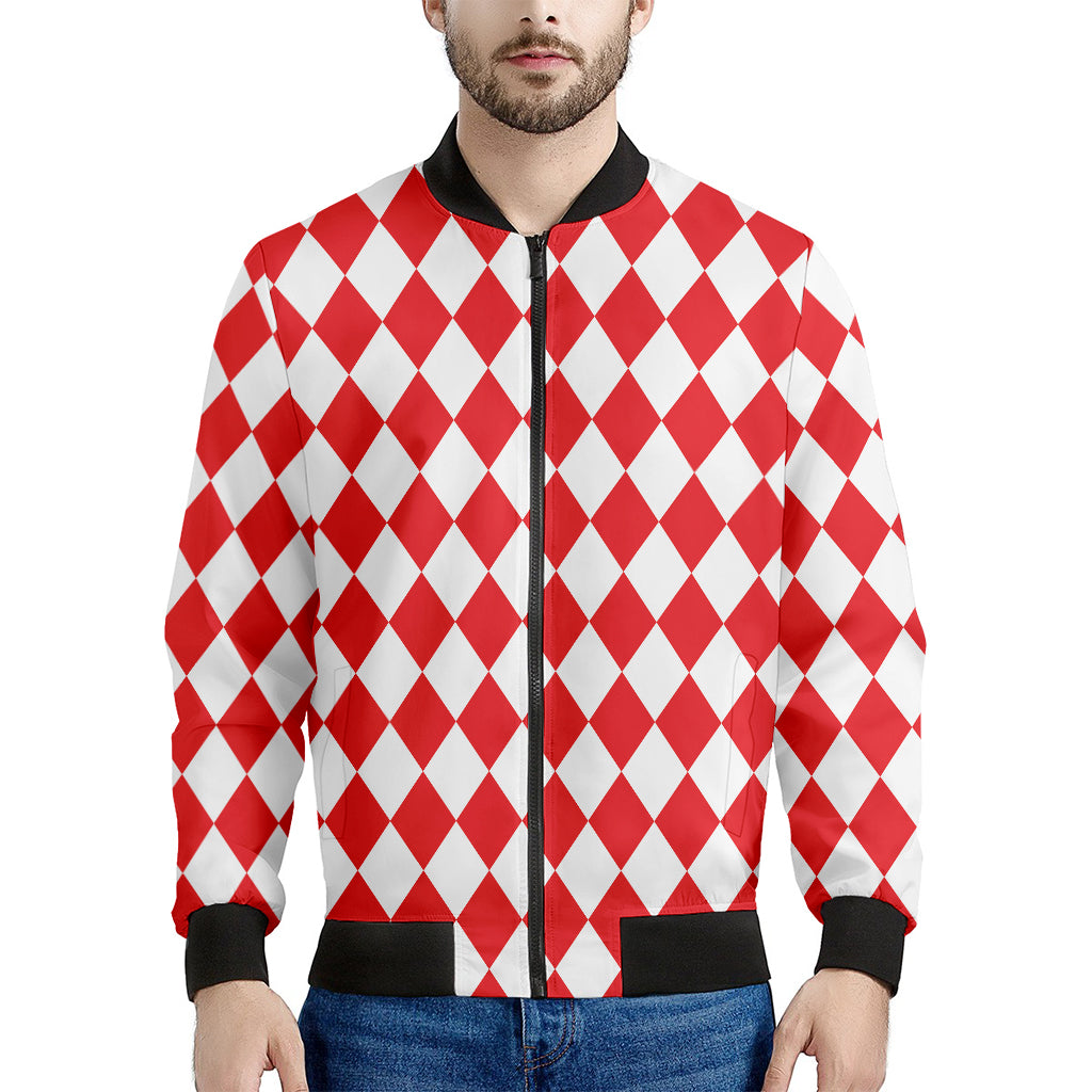 Red And White Harlequin Pattern Print Men's Bomber Jacket