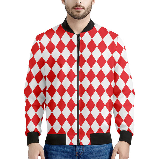 Red And White Harlequin Pattern Print Men's Bomber Jacket