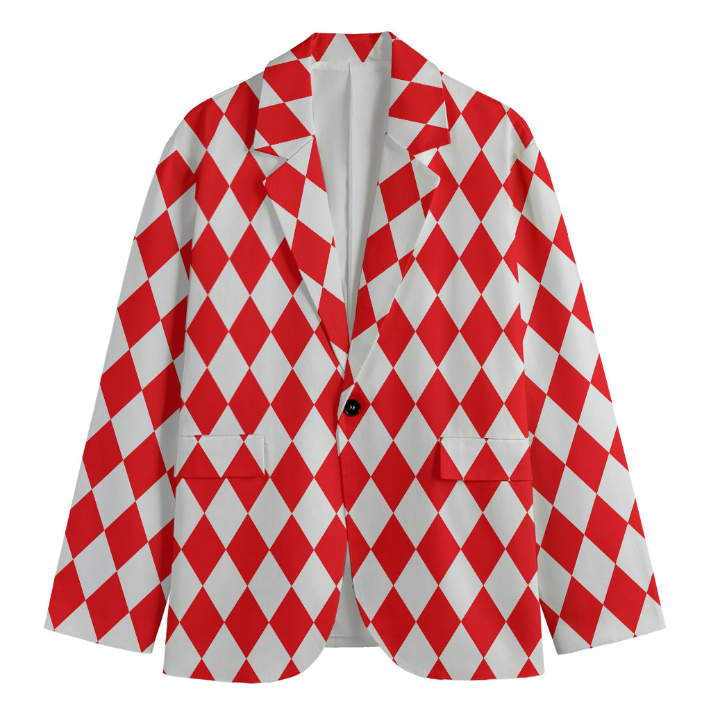Red And White Harlequin Pattern Print Men's Cotton Blazer