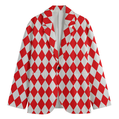 Red And White Harlequin Pattern Print Men's Cotton Blazer