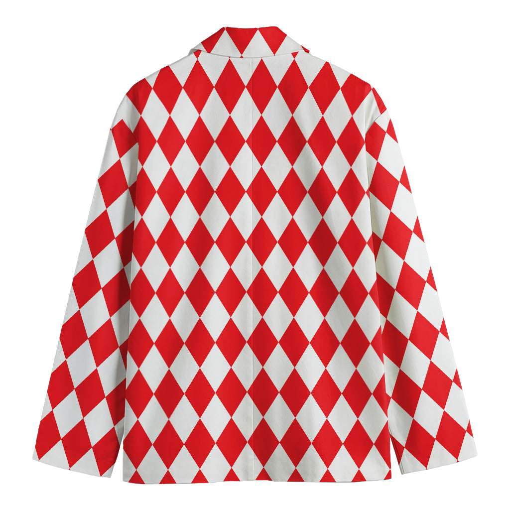 Red And White Harlequin Pattern Print Men's Cotton Blazer