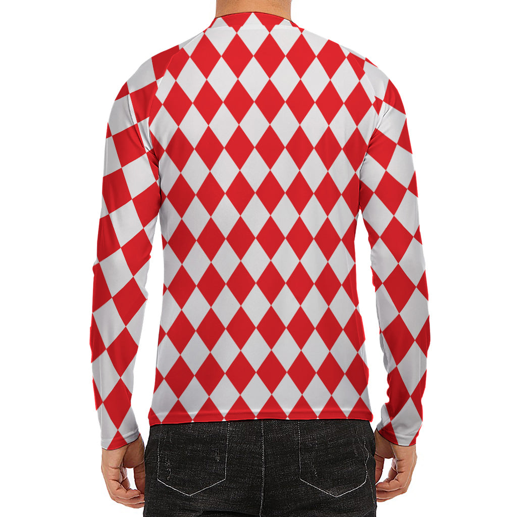 Red And White Harlequin Pattern Print Men's Long Sleeve Rash Guard