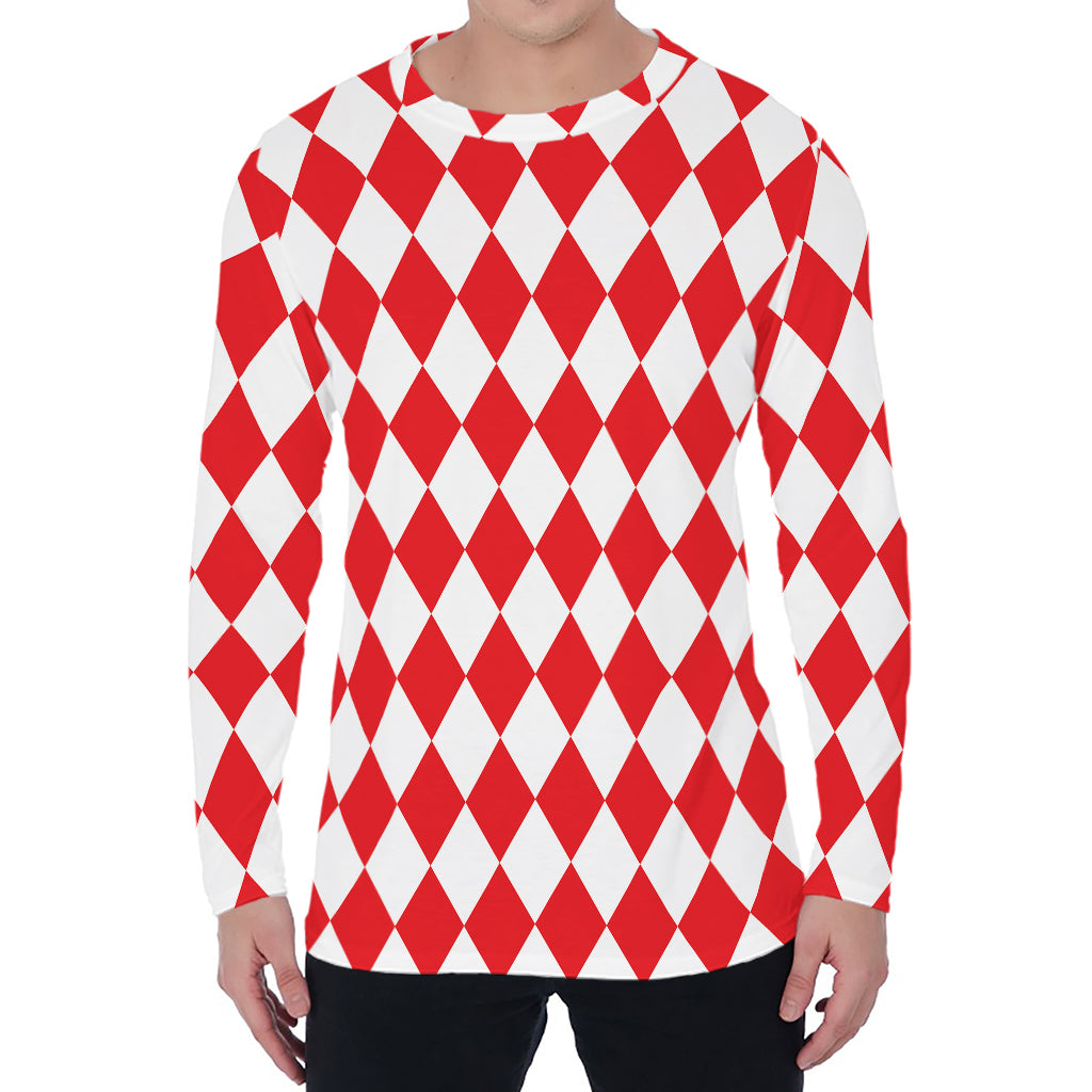 Red And White Harlequin Pattern Print Men's Long Sleeve T-Shirt