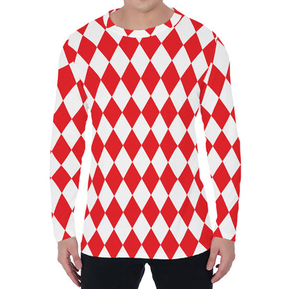 Red And White Harlequin Pattern Print Men's Long Sleeve T-Shirt