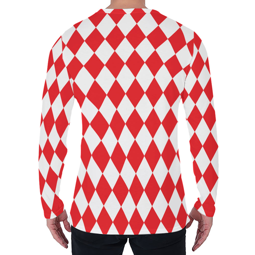 Red And White Harlequin Pattern Print Men's Long Sleeve T-Shirt