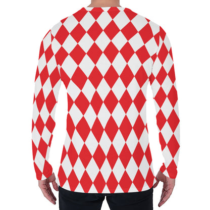 Red And White Harlequin Pattern Print Men's Long Sleeve T-Shirt