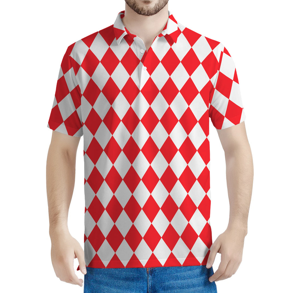 Red And White Harlequin Pattern Print Men's Polo Shirt