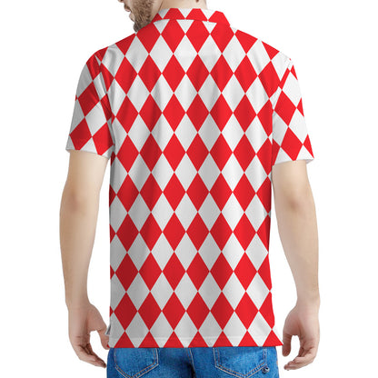 Red And White Harlequin Pattern Print Men's Polo Shirt
