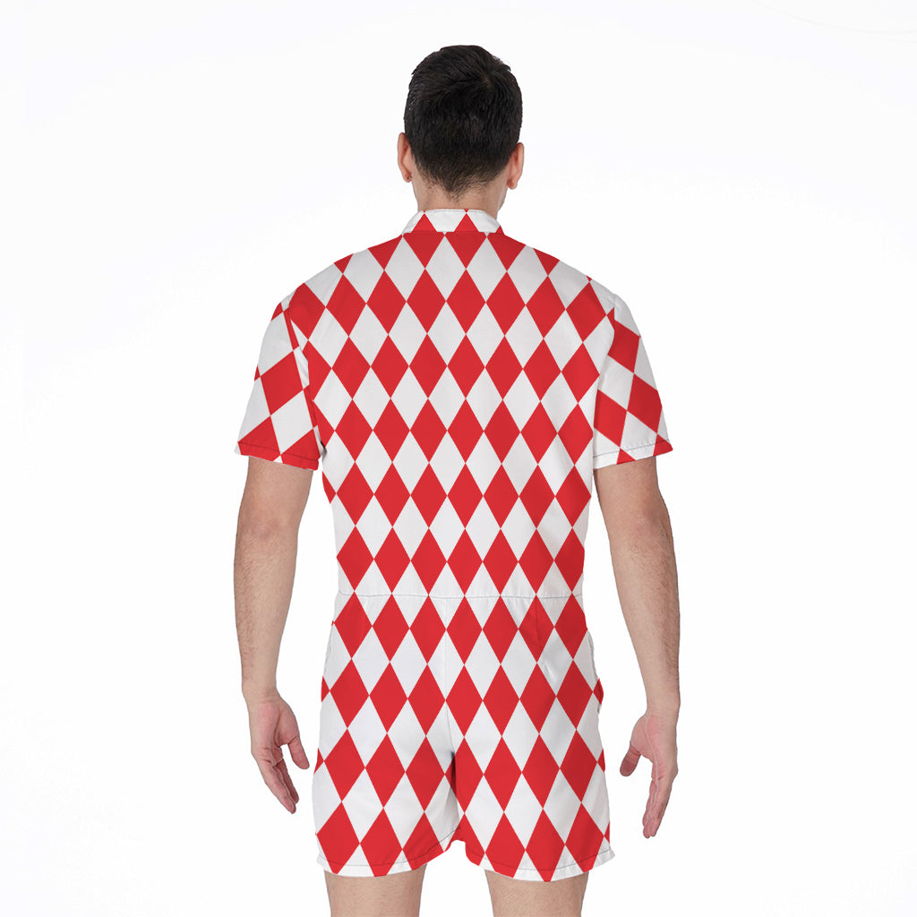 Red And White Harlequin Pattern Print Men's Rompers