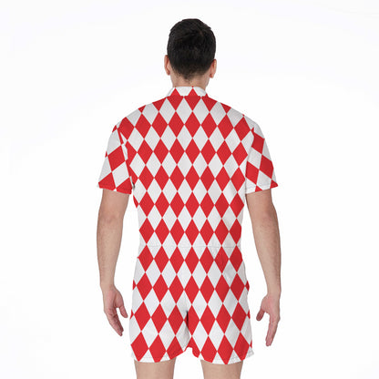 Red And White Harlequin Pattern Print Men's Rompers
