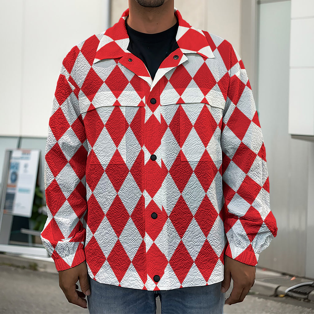 Red And White Harlequin Pattern Print Men's Shirt Jacket