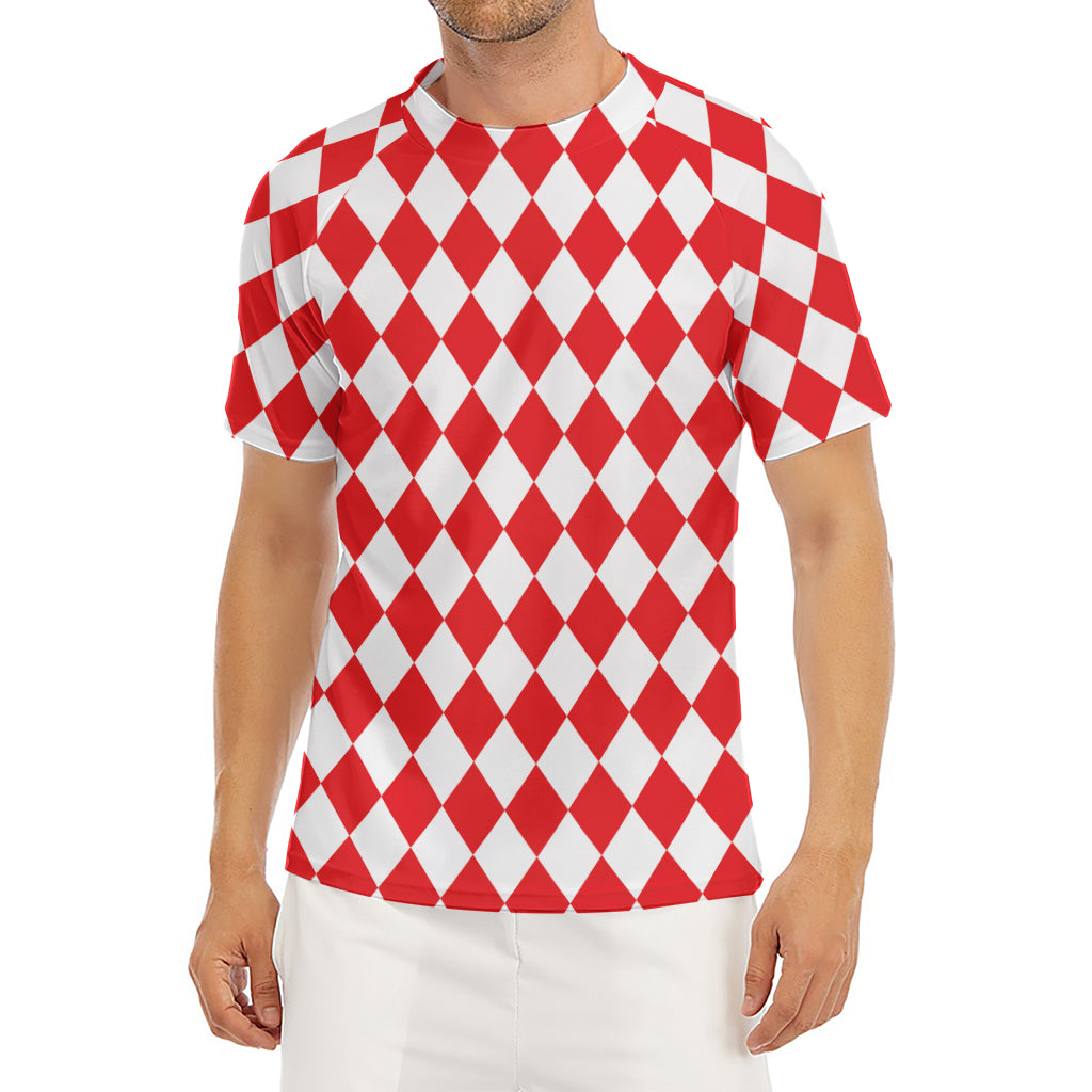 Red And White Harlequin Pattern Print Men's Short Sleeve Rash Guard