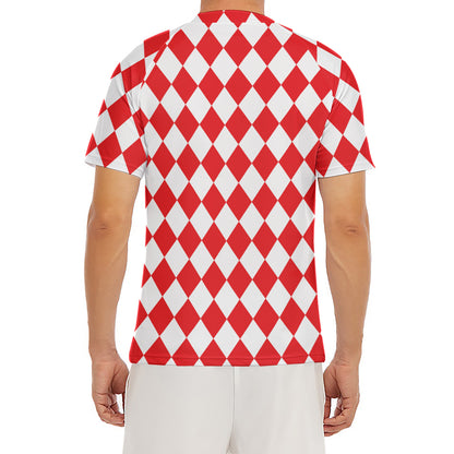 Red And White Harlequin Pattern Print Men's Short Sleeve Rash Guard