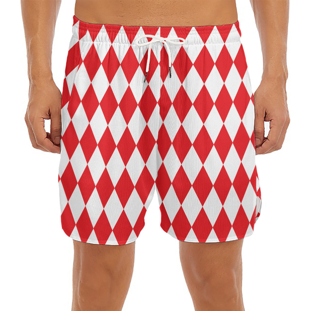 Red And White Harlequin Pattern Print Men's Split Running Shorts