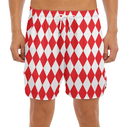 Red And White Harlequin Pattern Print Men's Split Running Shorts