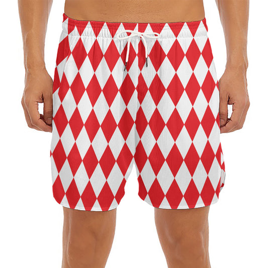 Red And White Harlequin Pattern Print Men's Split Running Shorts