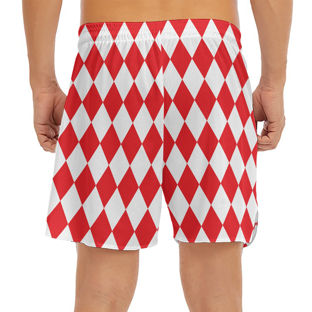 Red And White Harlequin Pattern Print Men's Split Running Shorts