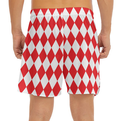 Red And White Harlequin Pattern Print Men's Split Running Shorts