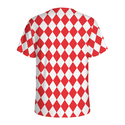 Red And White Harlequin Pattern Print Men's Sports T-Shirt