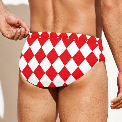 Red And White Harlequin Pattern Print Men's Swim Briefs