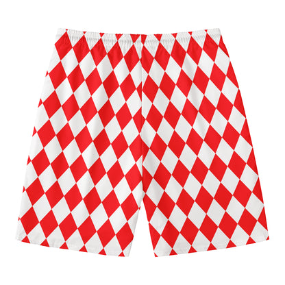 Red And White Harlequin Pattern Print Men's Swim Trunks
