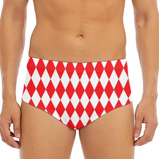Red And White Harlequin Pattern Print Men's Triangle Swim Briefs