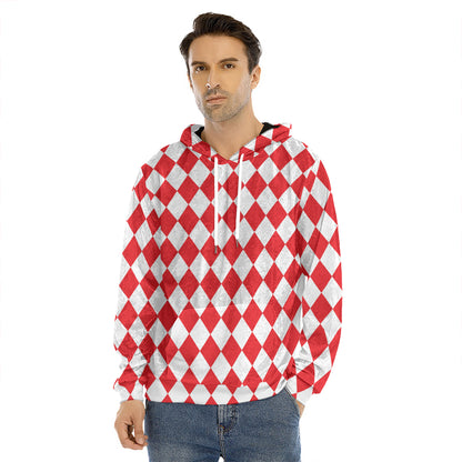 Red And White Harlequin Pattern Print Men's Velvet Pullover Hoodie
