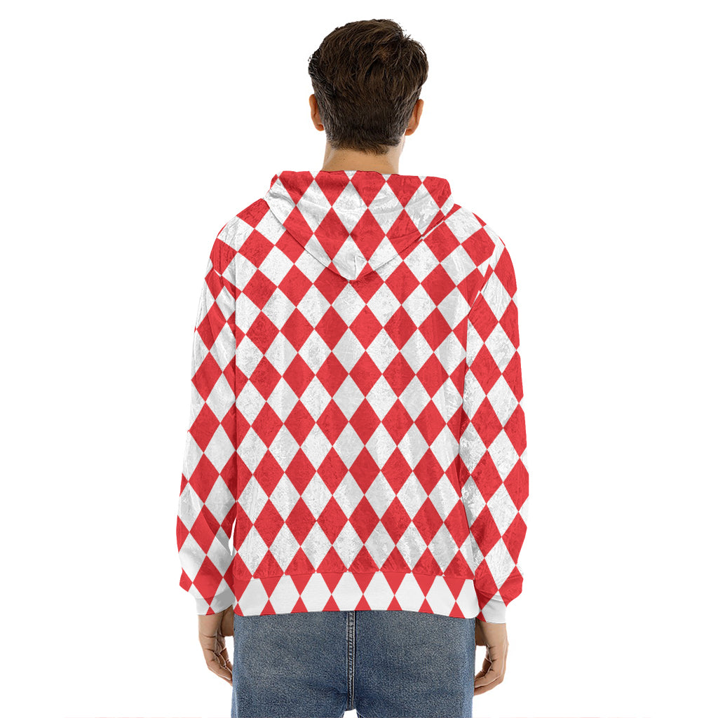 Red And White Harlequin Pattern Print Men's Velvet Pullover Hoodie