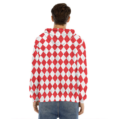 Red And White Harlequin Pattern Print Men's Velvet Pullover Hoodie
