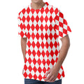 Red And White Harlequin Pattern Print Men's Velvet T-Shirt