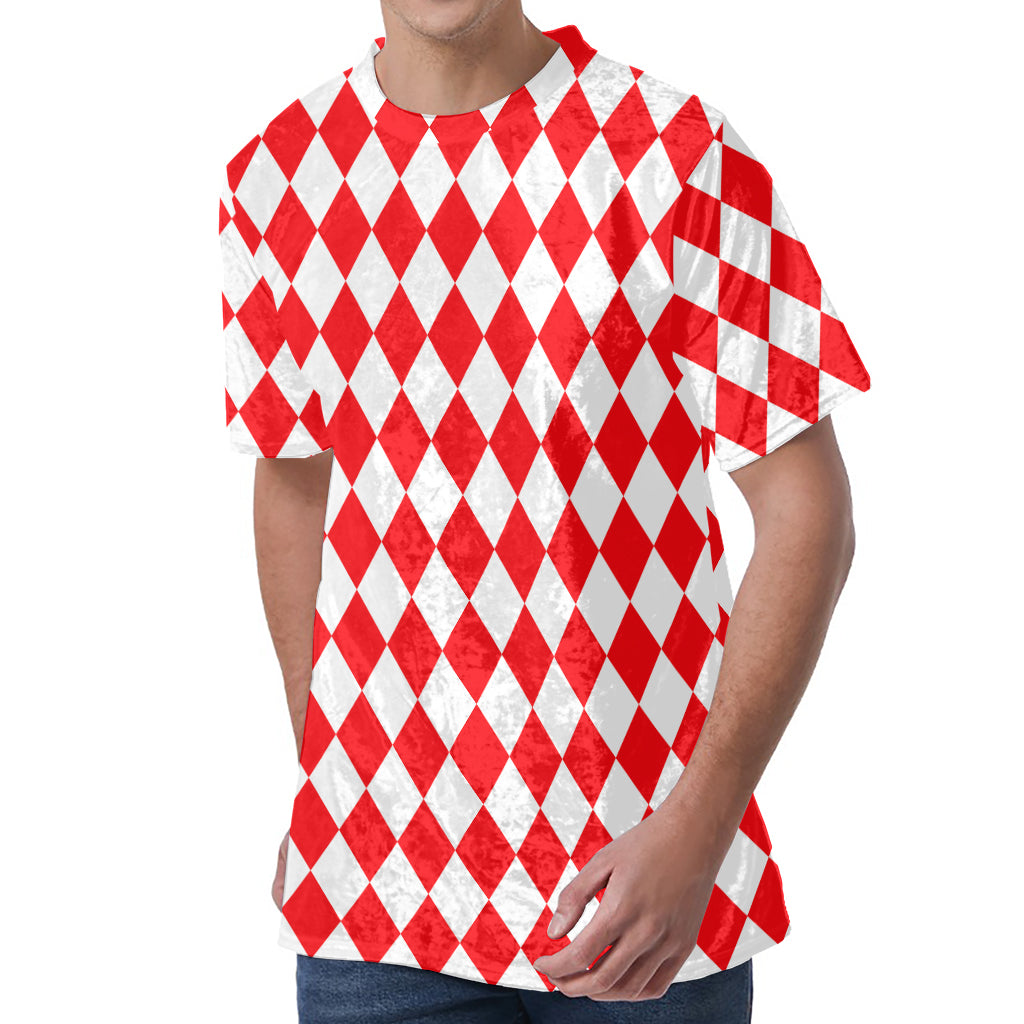 Red And White Harlequin Pattern Print Men's Velvet T-Shirt