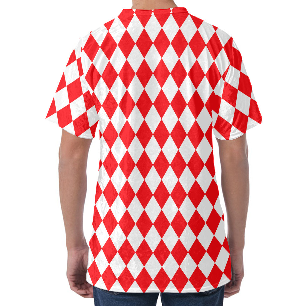 Red And White Harlequin Pattern Print Men's Velvet T-Shirt