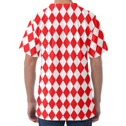 Red And White Harlequin Pattern Print Men's Velvet T-Shirt