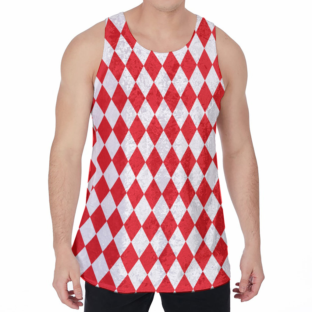 Red And White Harlequin Pattern Print Men's Velvet Tank Top