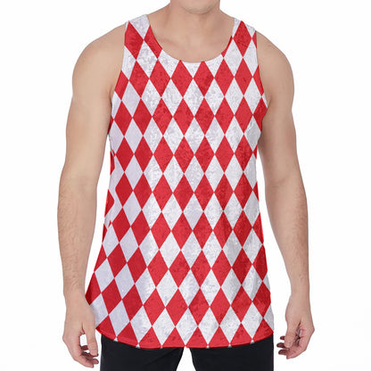 Red And White Harlequin Pattern Print Men's Velvet Tank Top